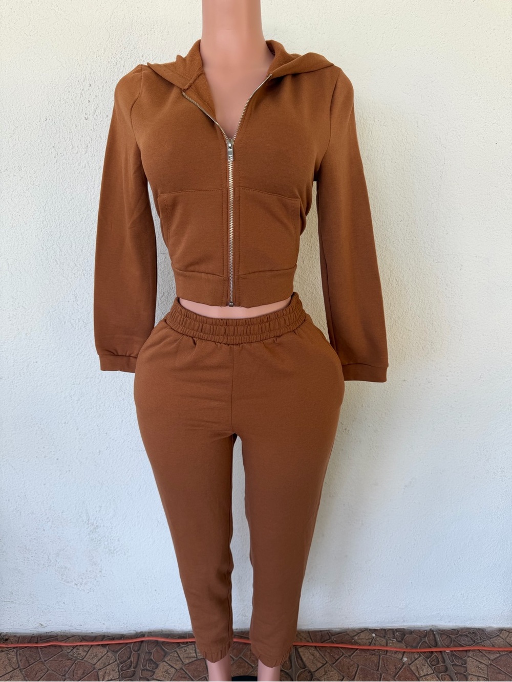 iris Women's Brown Hooded Zip Crop Jacket & Joggers Set